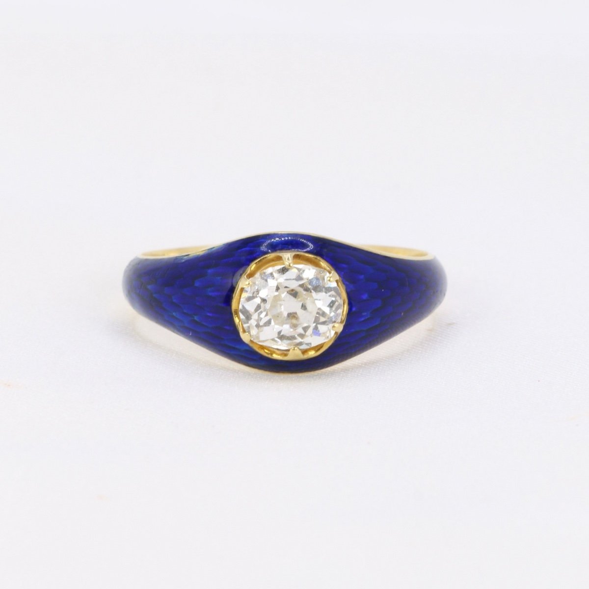 Bague Solitaire Or Jaune Diamant émail Bleu