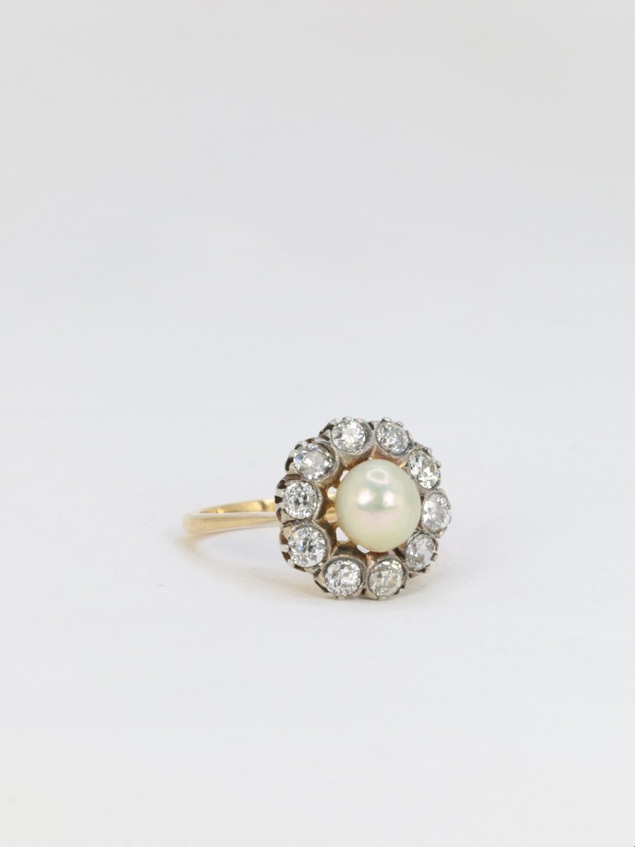 Bague Marguerite Or Jaune Argent Diamants Perle Fine-photo-3