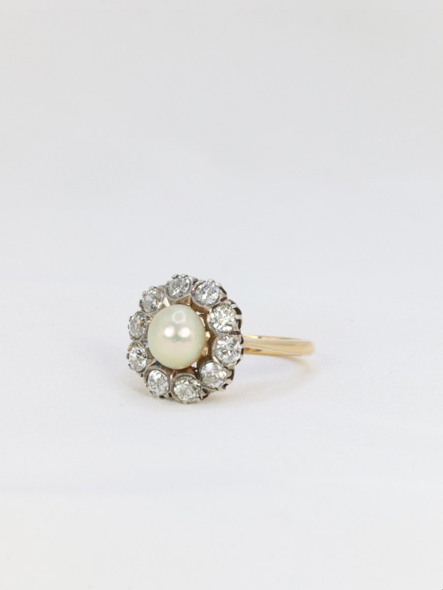 Bague Marguerite Or Jaune Argent Diamants Perle Fine-photo-3