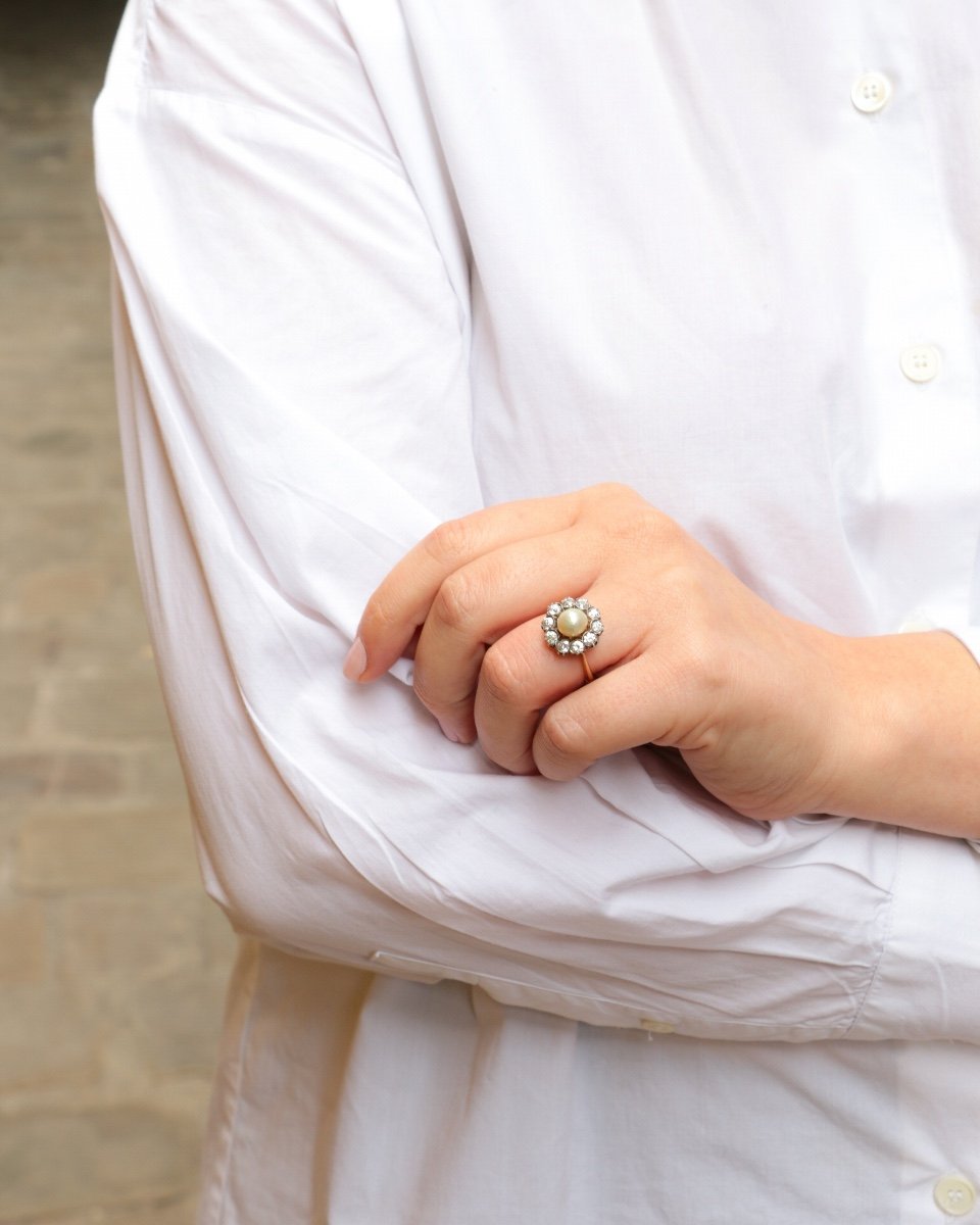 Bague Marguerite Or Jaune Argent Diamants Perle Fine-photo-4