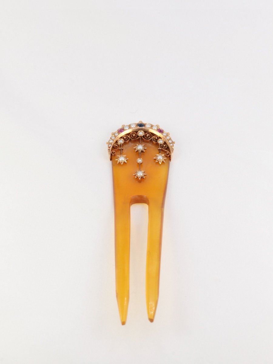 Antique Comb In Gold, Horn, Fine Pearls, Sapphires And Rubies-photo-2