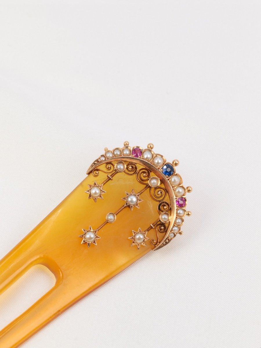 Antique Comb In Gold, Horn, Fine Pearls, Sapphires And Rubies-photo-3