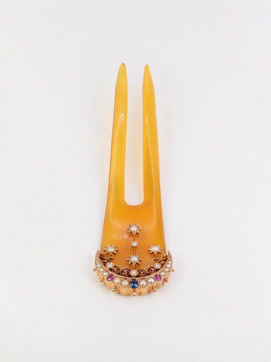 Antique Comb In Gold, Horn, Fine Pearls, Sapphires And Rubies-photo-4