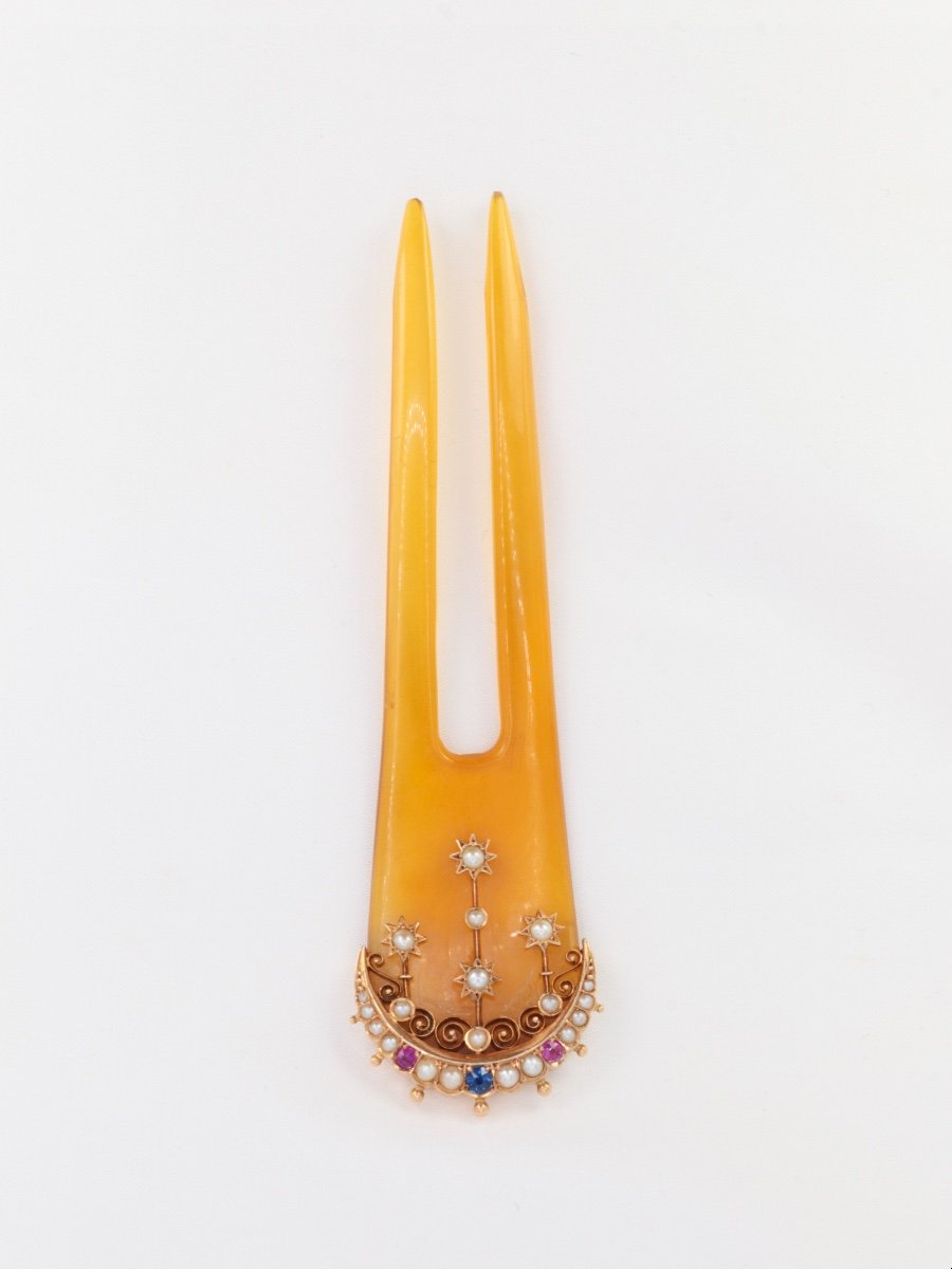 Antique Comb In Gold, Horn, Fine Pearls, Sapphires And Rubies-photo-5