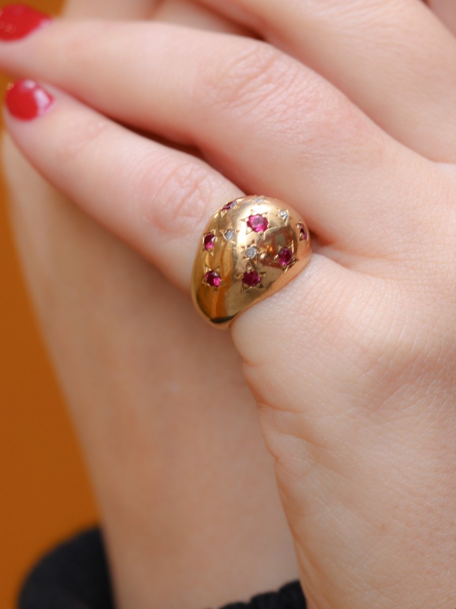 Vintage Ball Ring In Yellow Gold, Ruby And Diamonds-photo-2