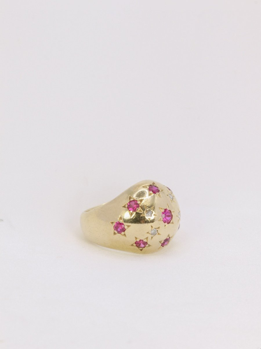 Vintage Ball Ring In Yellow Gold, Ruby And Diamonds-photo-3