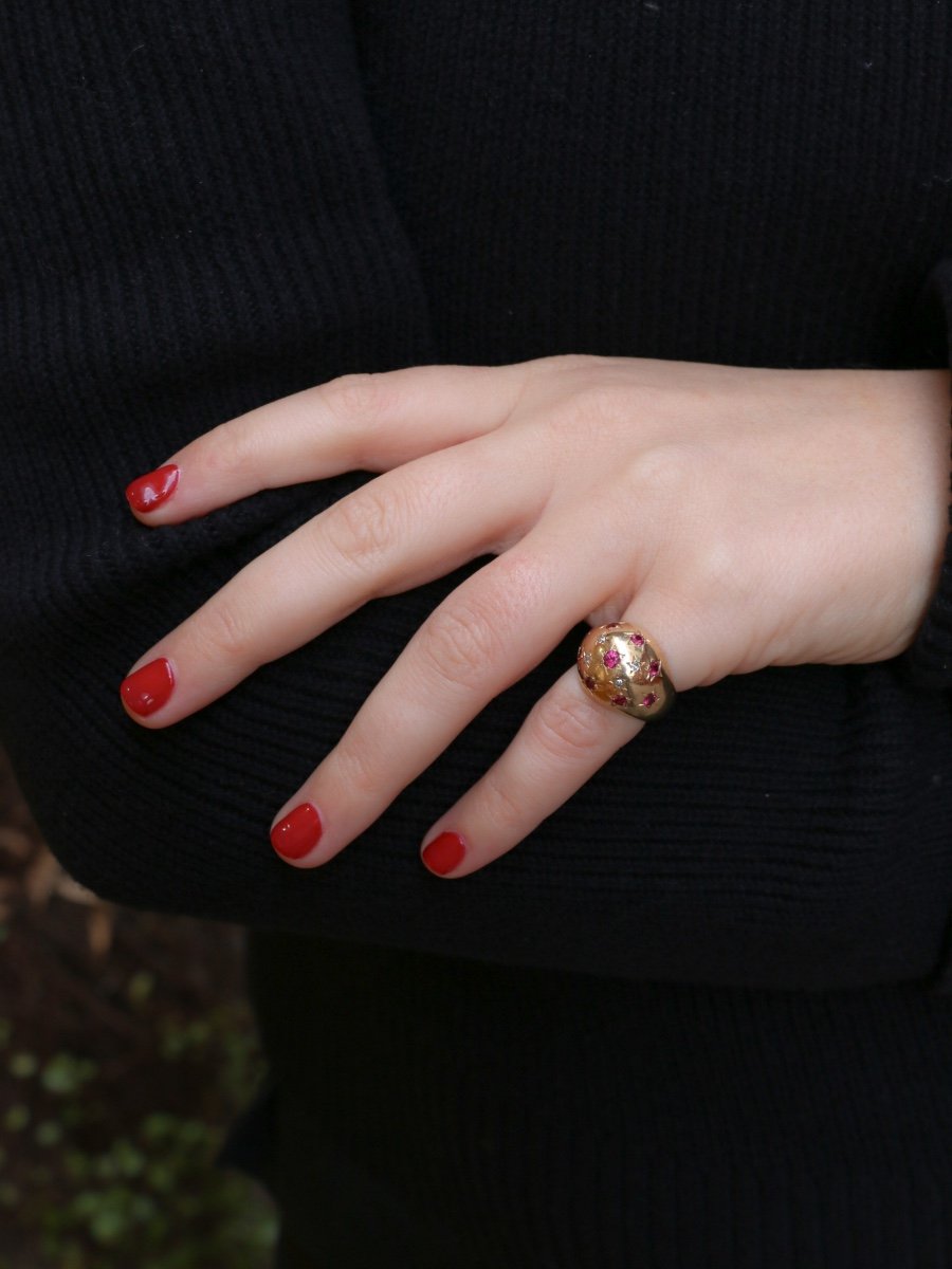 Vintage Ball Ring In Yellow Gold, Ruby And Diamonds-photo-4