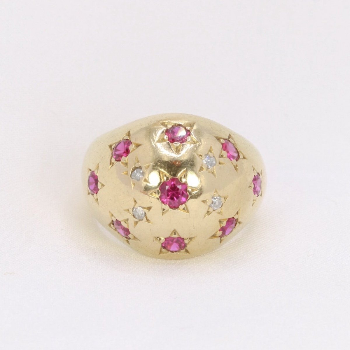 Vintage Ball Ring In Yellow Gold, Ruby And Diamonds