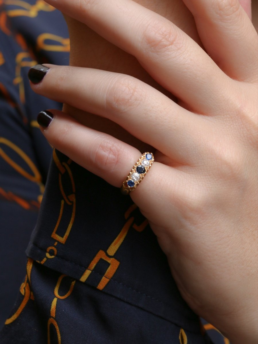 Antique Garter Ring In Gold, Old Cut Diamonds And Sapphires-photo-2