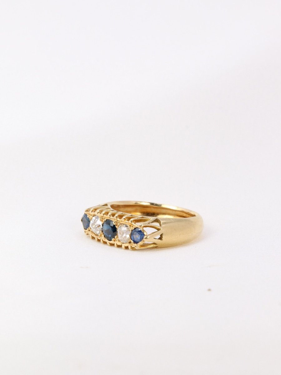 Antique Garter Ring In Gold, Old Cut Diamonds And Sapphires-photo-3