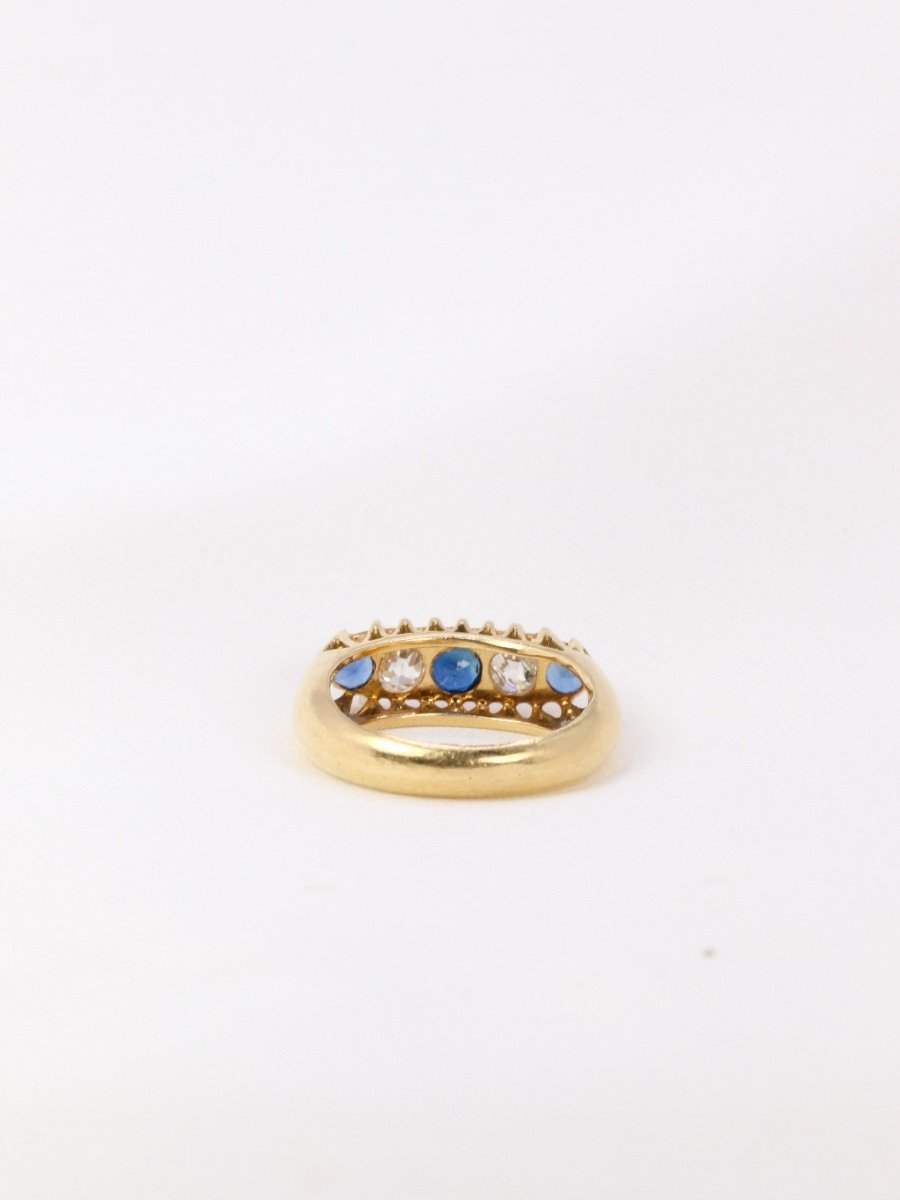 Antique Garter Ring In Gold, Old Cut Diamonds And Sapphires-photo-2