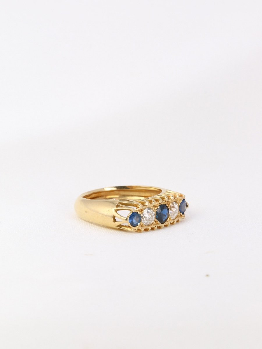 Antique Garter Ring In Gold, Old Cut Diamonds And Sapphires-photo-4