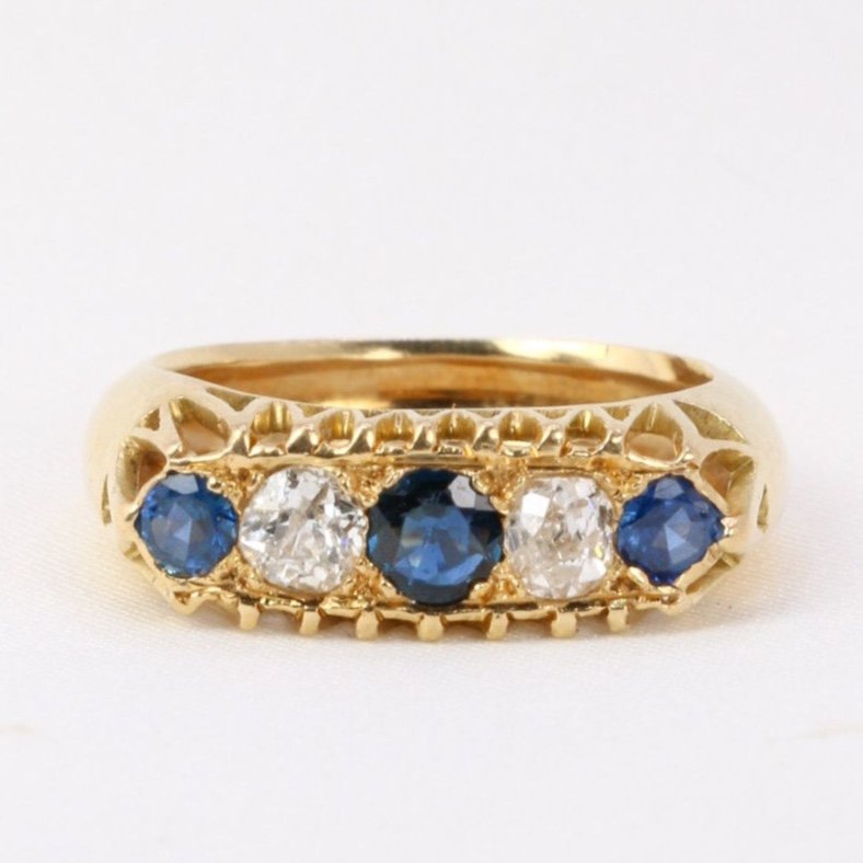 Antique Garter Ring In Gold, Old Cut Diamonds And Sapphires