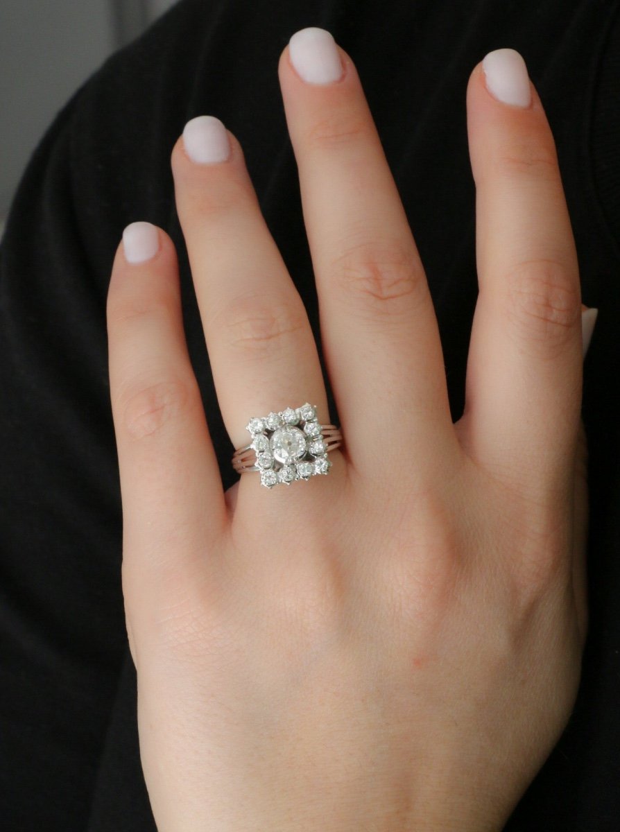 Bague Or Blanc Diamant Coussin Taille Ancienne 0,8 Ct-photo-2