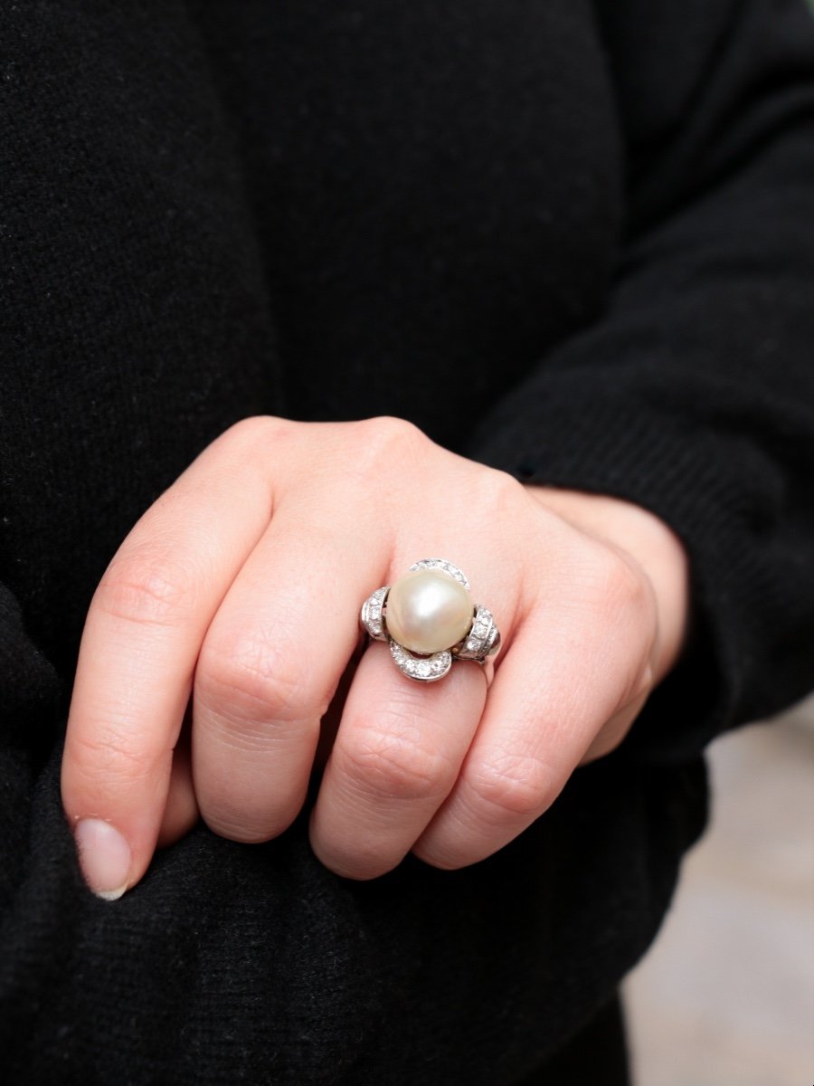 Art Deco Ring Fine Pearl Platinum Diamonds-photo-2