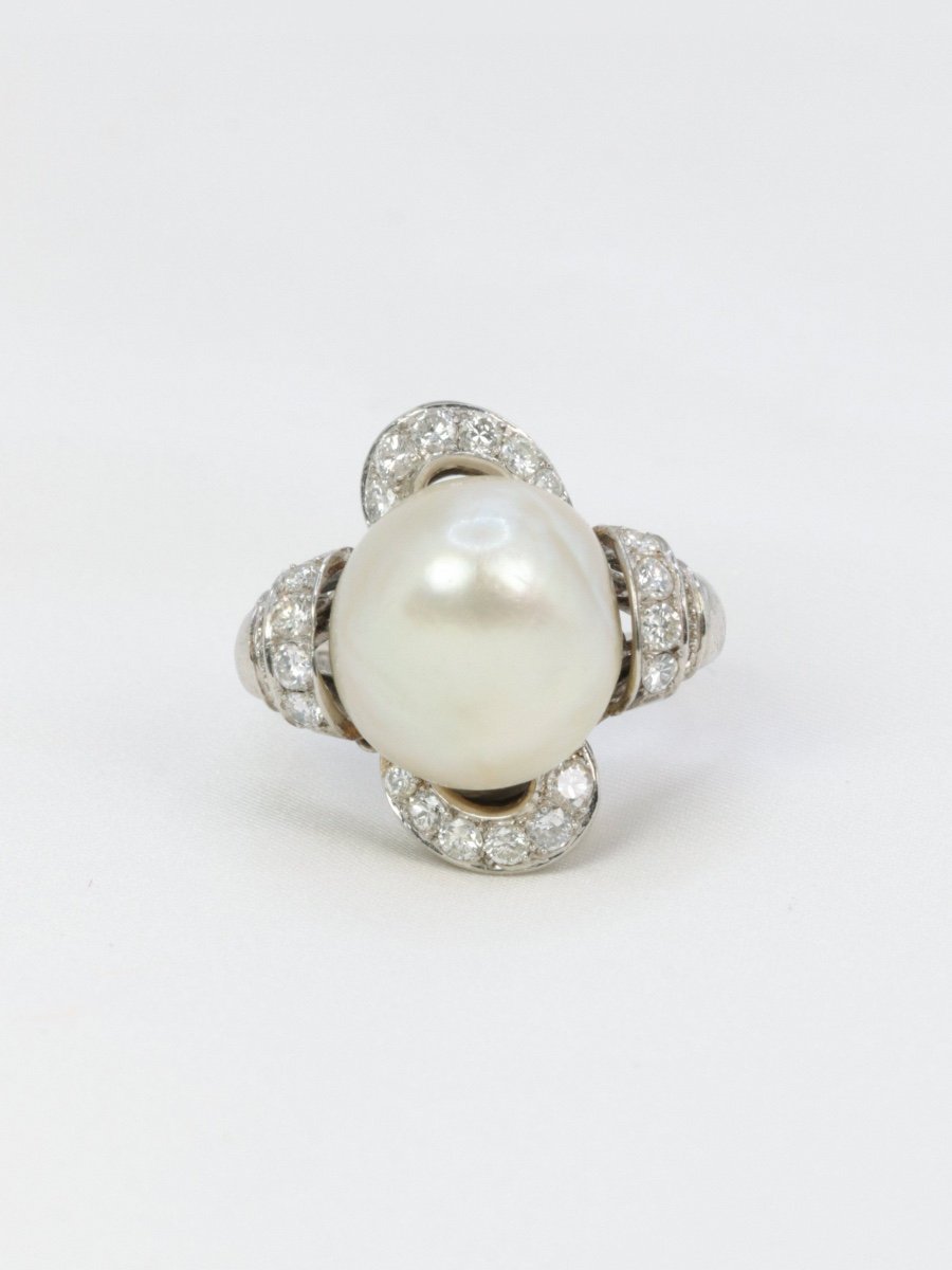 Art Deco Ring Fine Pearl Platinum Diamonds-photo-3