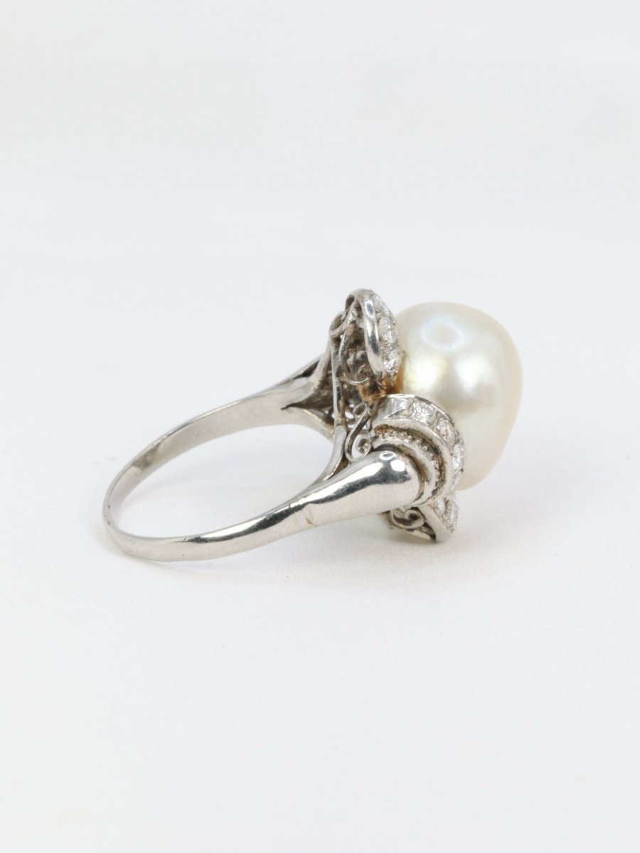 Art Deco Ring Fine Pearl Platinum Diamonds-photo-1