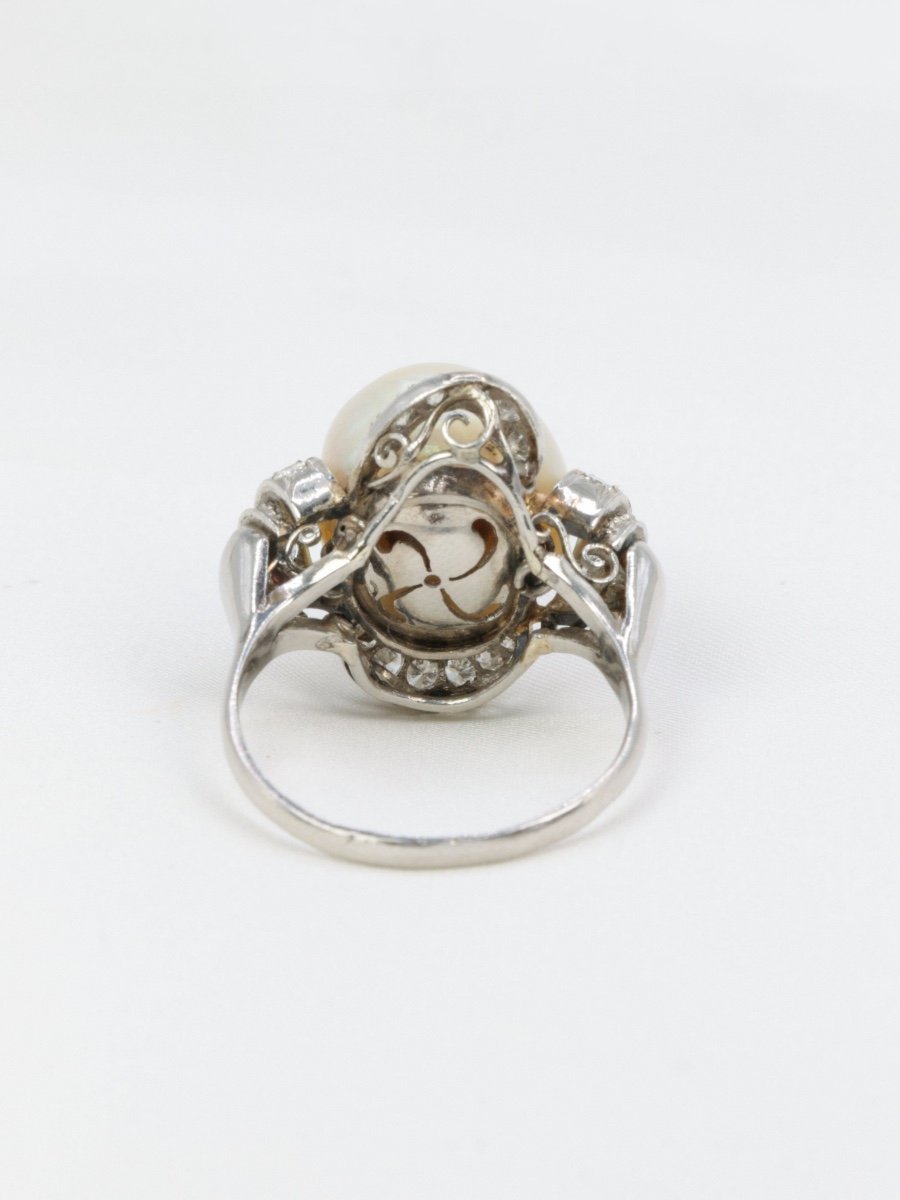 Art Deco Ring Fine Pearl Platinum Diamonds-photo-2