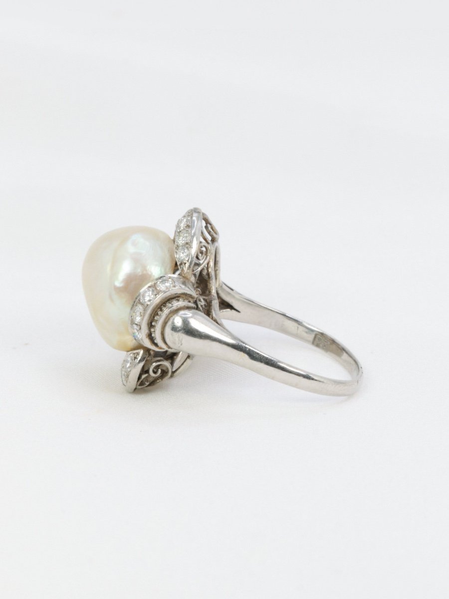 Art Deco Ring Fine Pearl Platinum Diamonds-photo-3