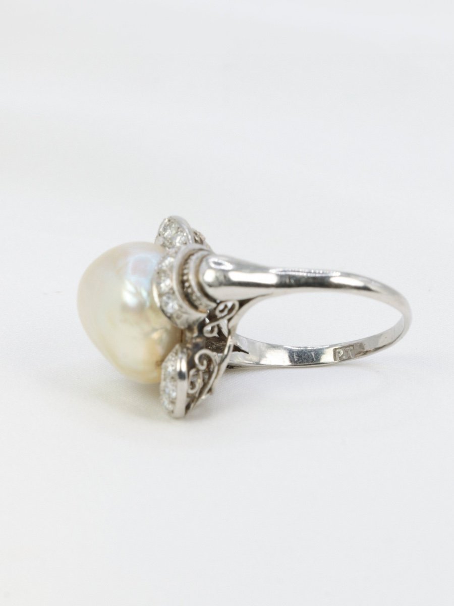 Art Deco Ring Fine Pearl Platinum Diamonds-photo-5