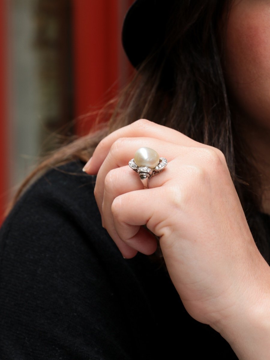 Art Deco Ring Fine Pearl Platinum Diamonds-photo-7