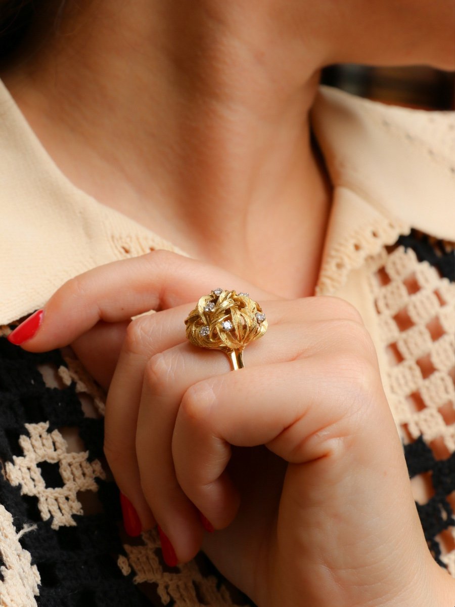 Dome Flower Ring Yellow Gold Diamonds-photo-2