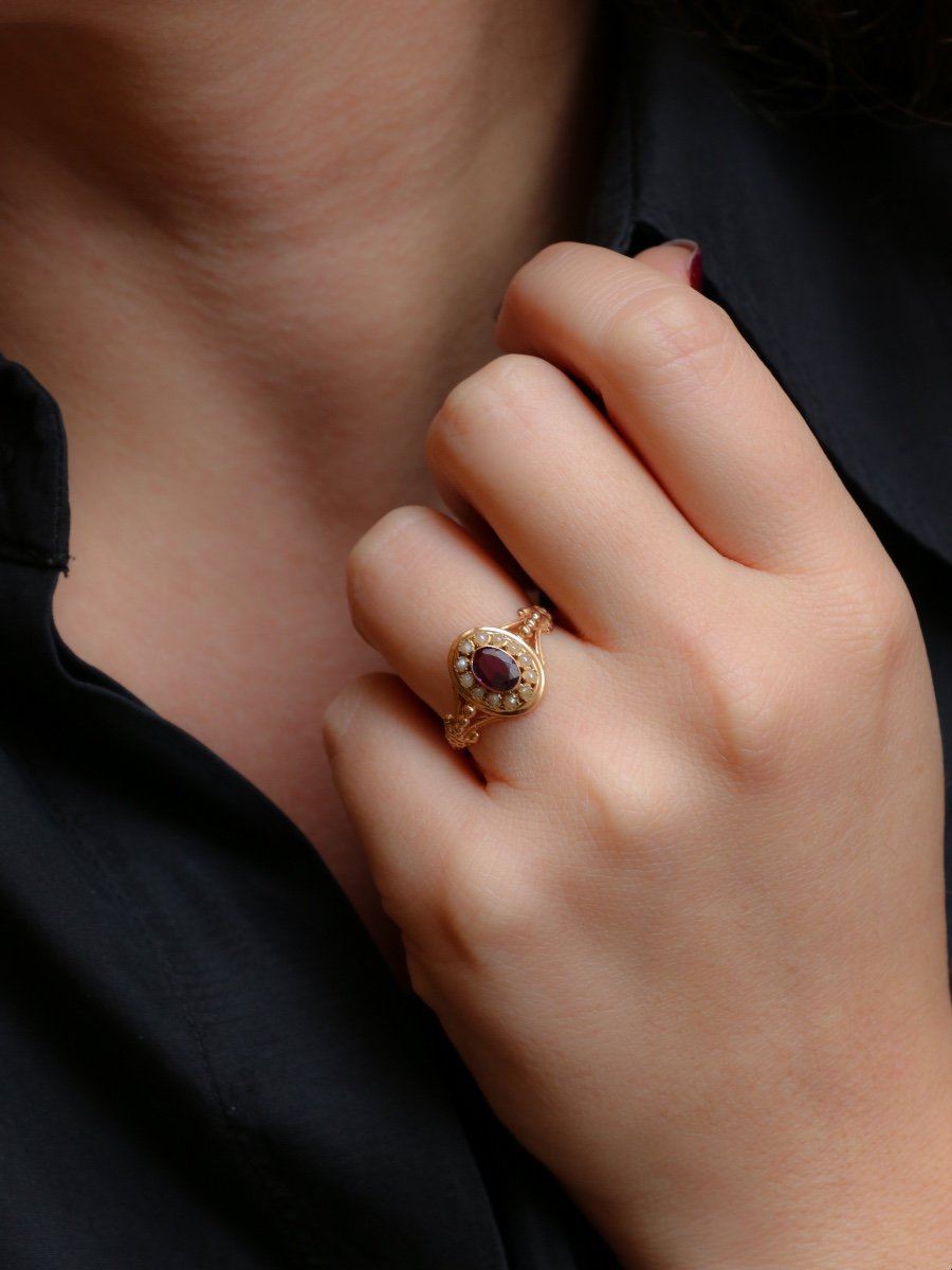 Napoleon III Ring Yellow Gold Garnet Fine Pearls-photo-2