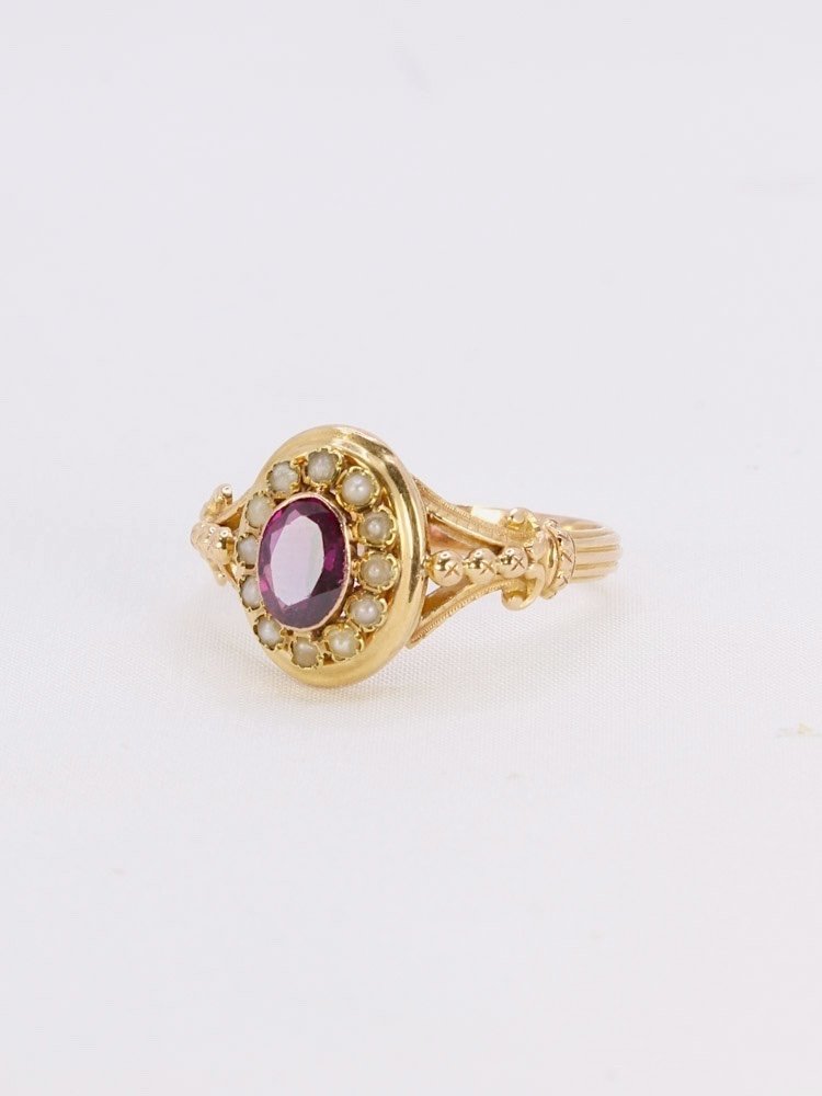 Napoleon III Ring Yellow Gold Garnet Fine Pearls-photo-3