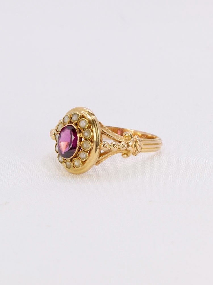 Napoleon III Ring Yellow Gold Garnet Fine Pearls-photo-4