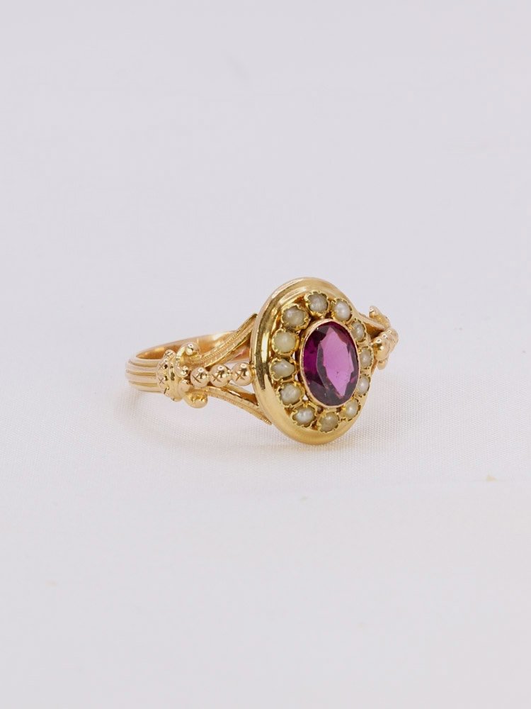 Napoleon III Ring Yellow Gold Garnet Fine Pearls-photo-4