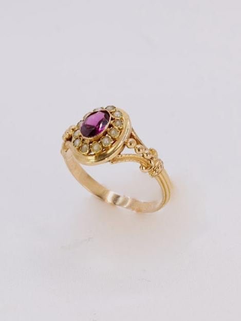 Napoleon III Ring Yellow Gold Garnet Fine Pearls-photo-5