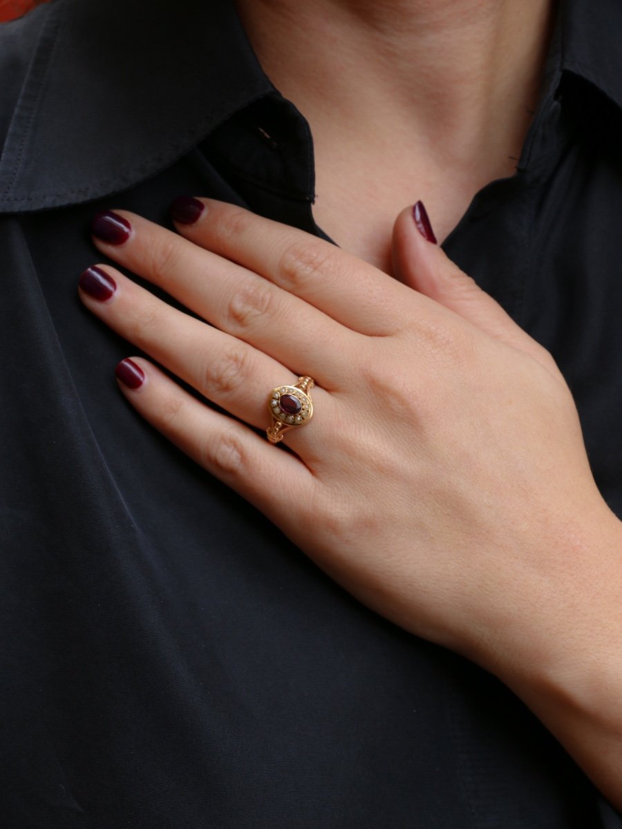 Napoleon III Ring Yellow Gold Garnet Fine Pearls-photo-6