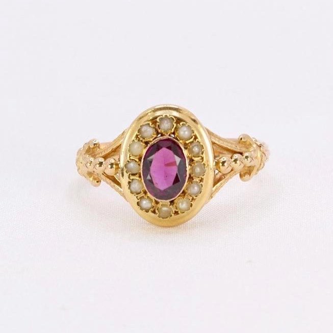 Napoleon III Ring Yellow Gold Garnet Fine Pearls