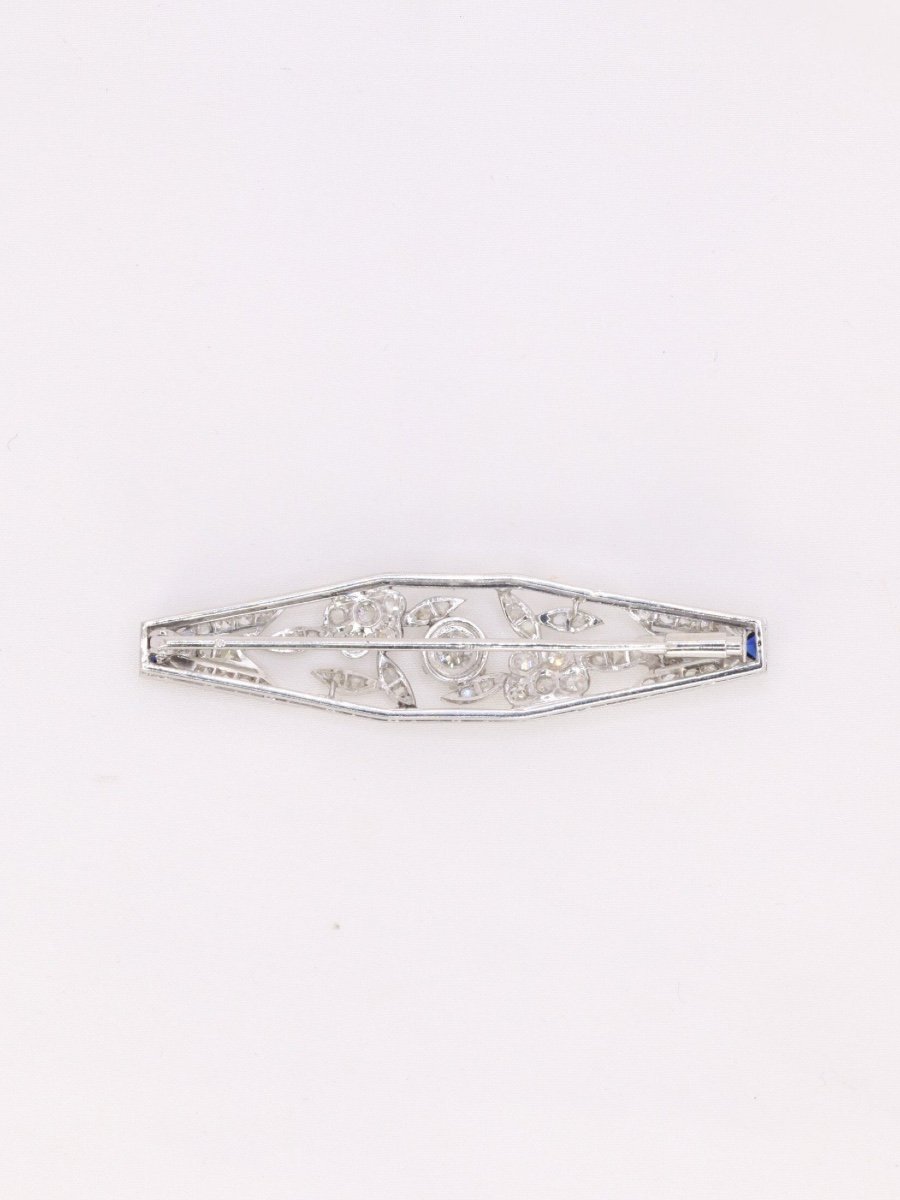 Art Deco Brooch White Gold Platinum Sapphire Old Cut Diamonds-photo-3