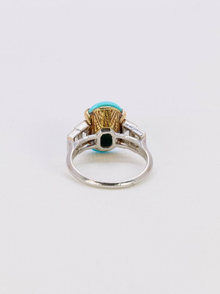 Janesich Platinum Turquoise Cabochon Emerald Cut Diamond Ring-photo-2