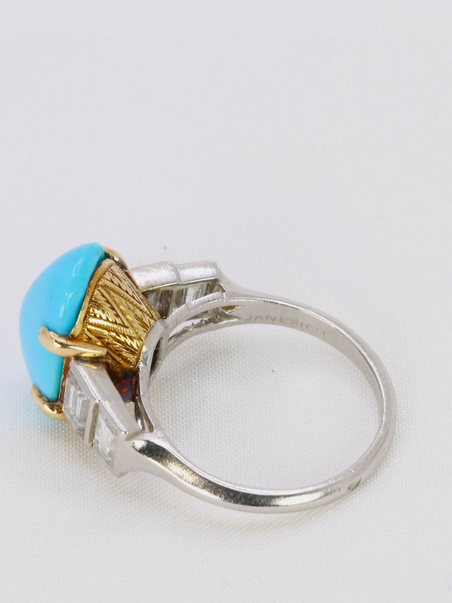 Janesich Platinum Turquoise Cabochon Emerald Cut Diamond Ring-photo-5