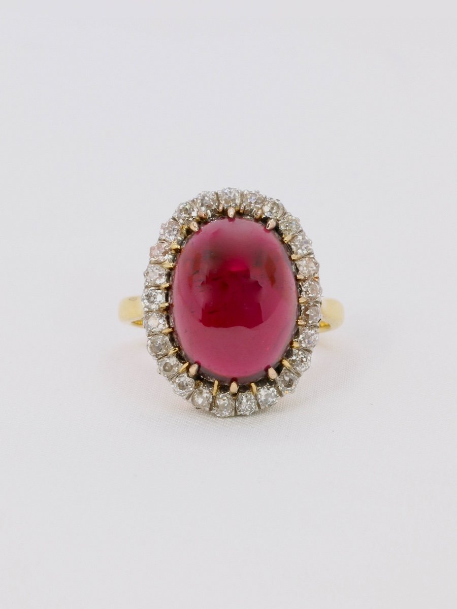 Marguerite Ring Cabochon Garnet Old Cut Diamonds-photo-4