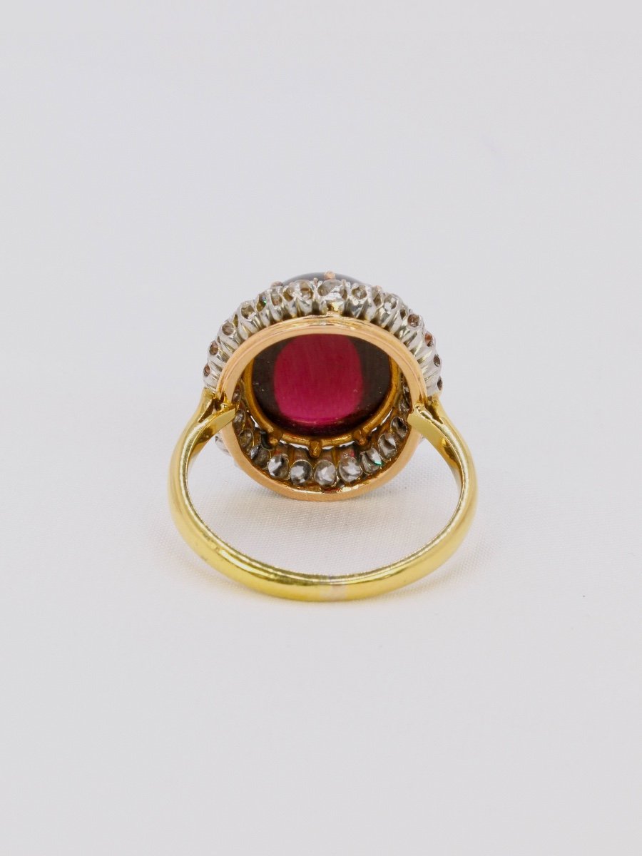 Marguerite Ring Cabochon Garnet Old Cut Diamonds-photo-2