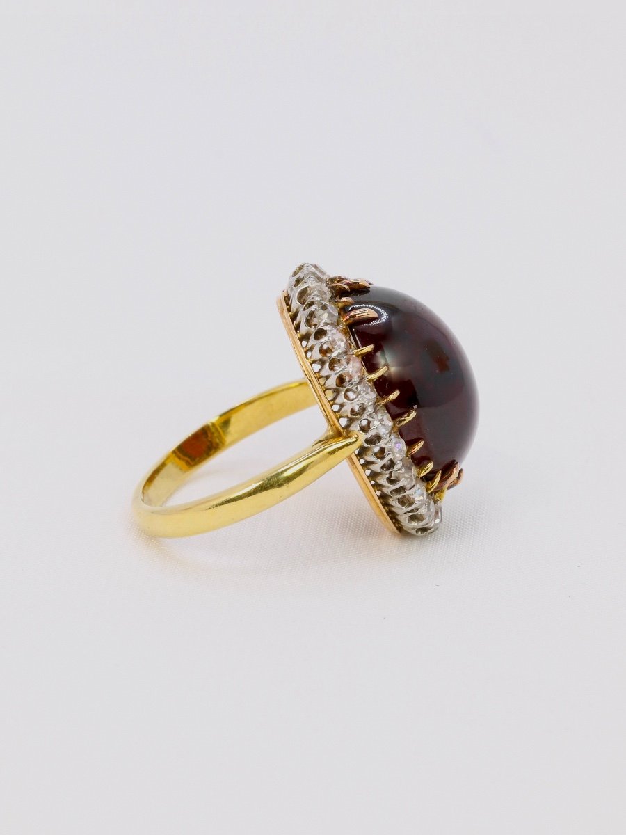 Marguerite Ring Cabochon Garnet Old Cut Diamonds-photo-3