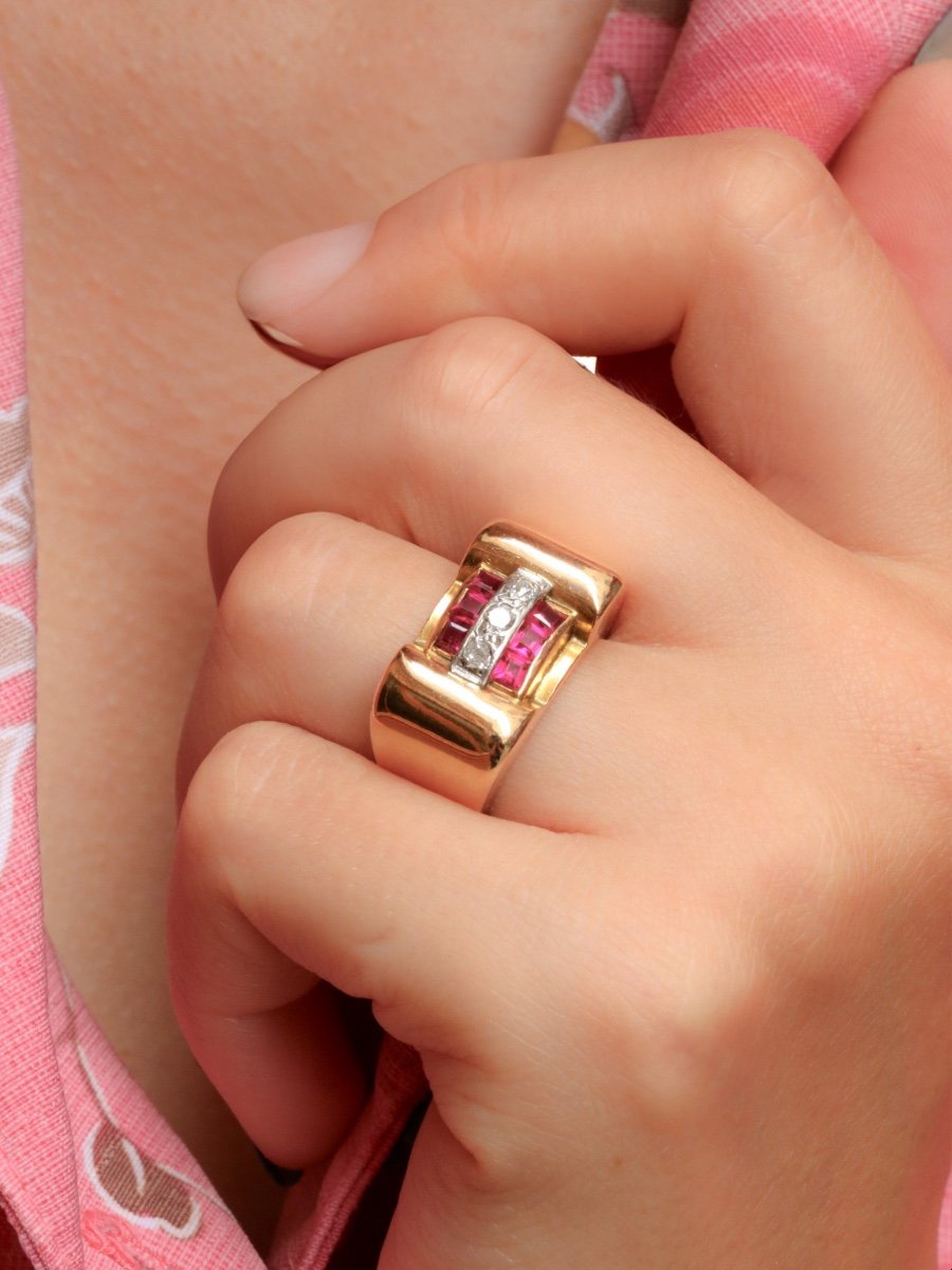 Bague Tank Or Rose Diamants Rubis-photo-2