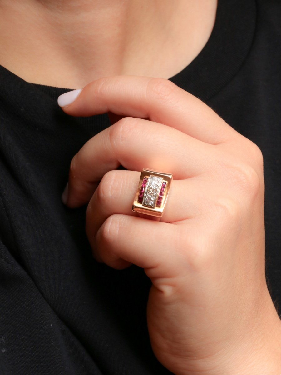 Tank Ring Rose Gold Diamonds Ruby-photo-2