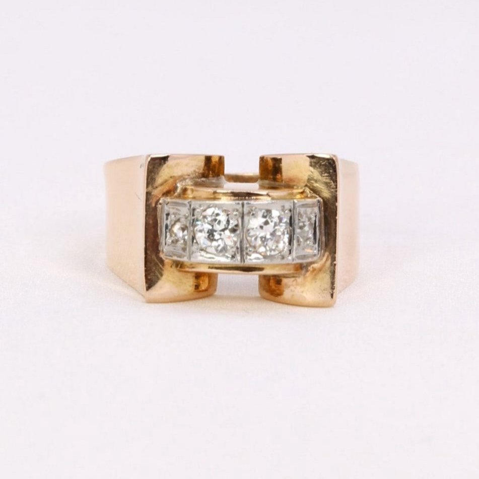 Tank Ring Yellow Gold Platinum Diamonds