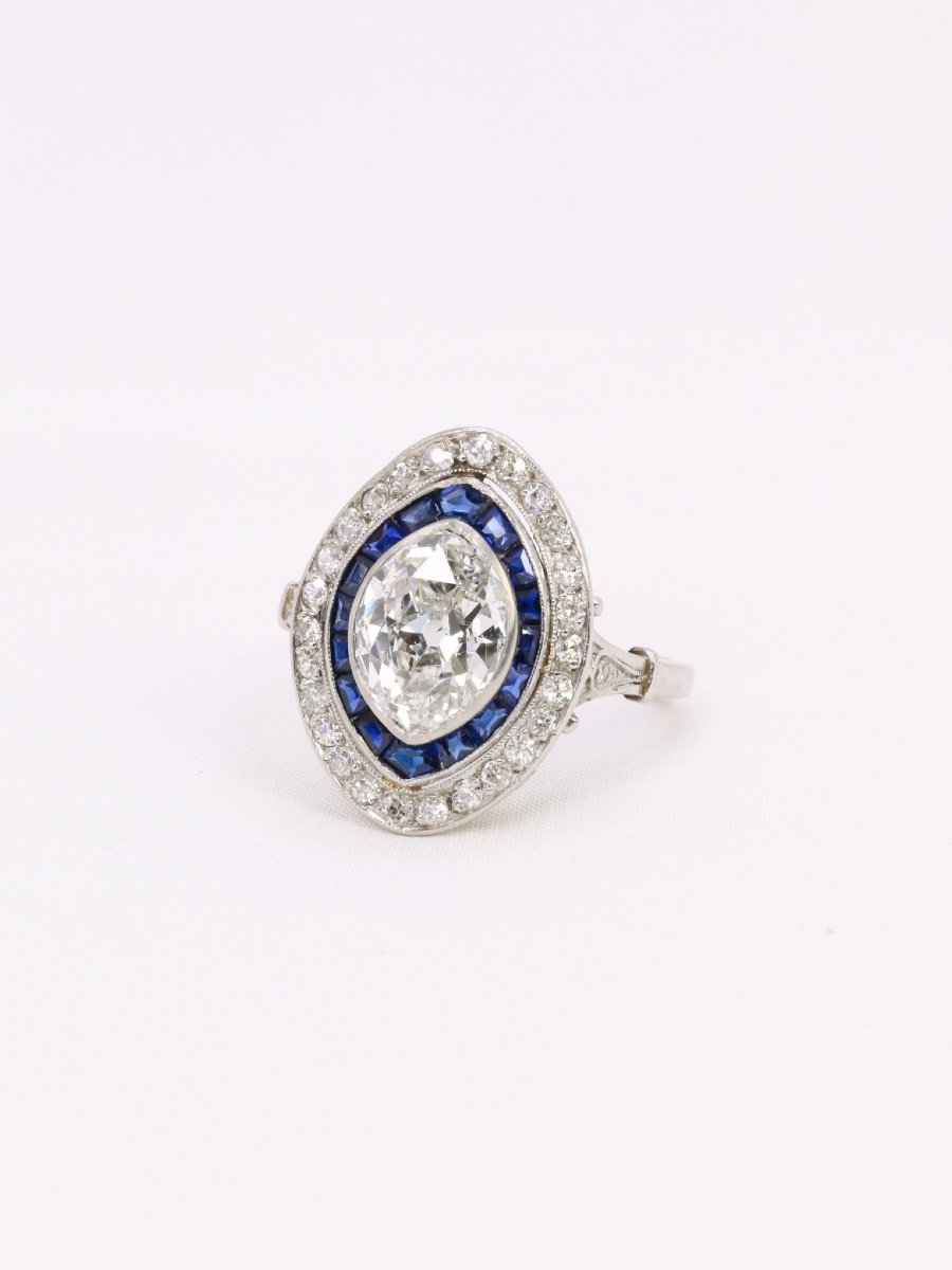 Marquise Art Deco Ring Calibrated Sapphires Diamond 2.15 Ct -photo-3