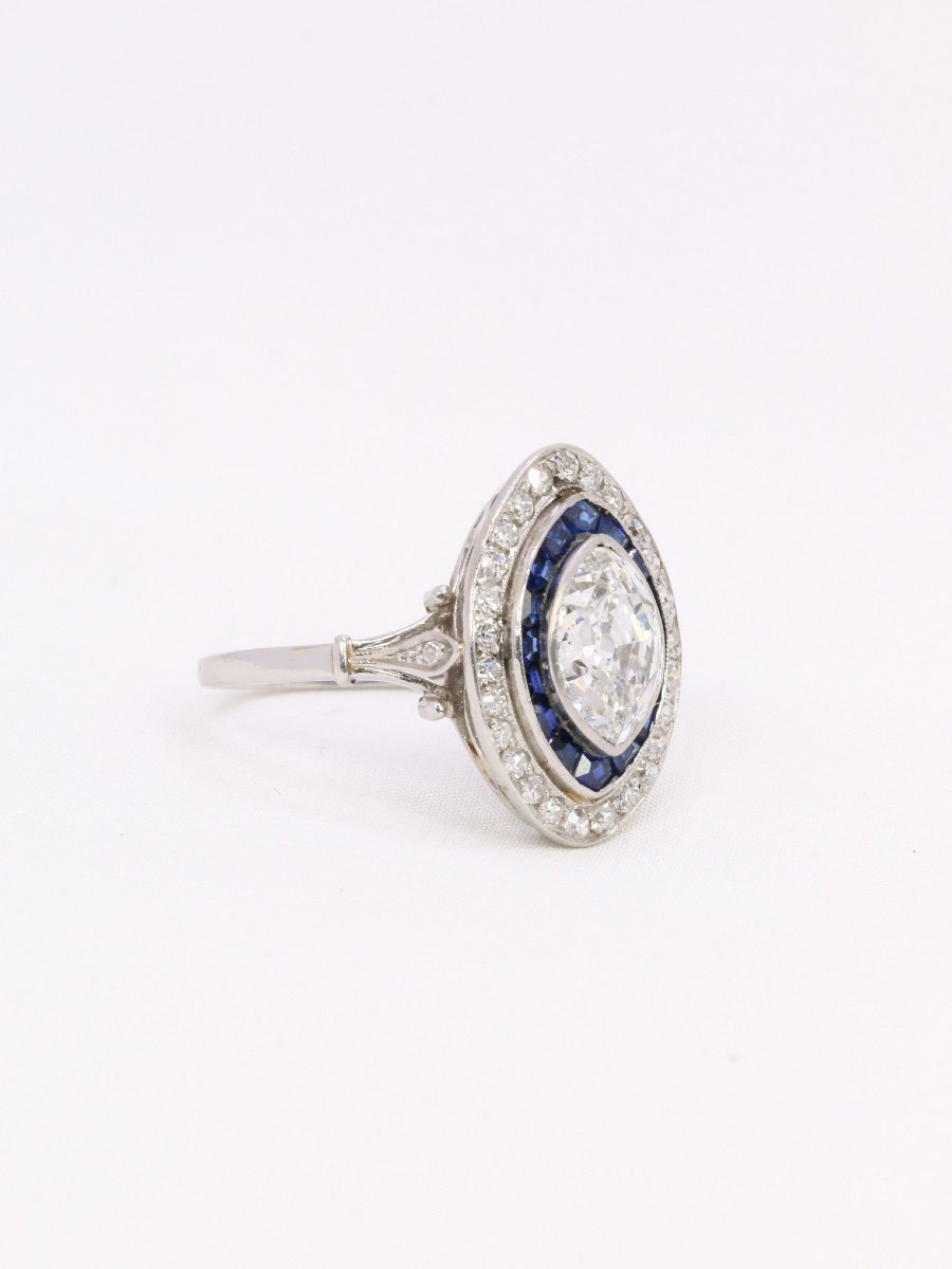 Marquise Art Deco Ring Calibrated Sapphires Diamond 2.15 Ct -photo-4