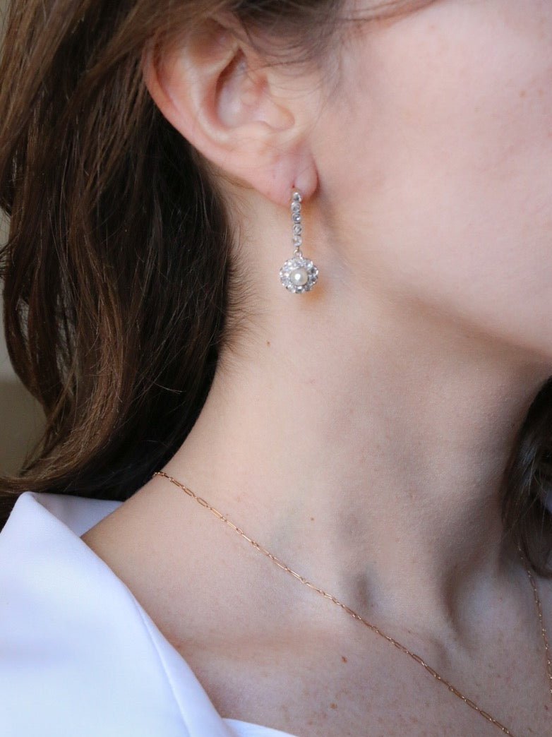 Boucles d'Oreilles Pendantes Belle Epoque Diamants Perles-photo-2