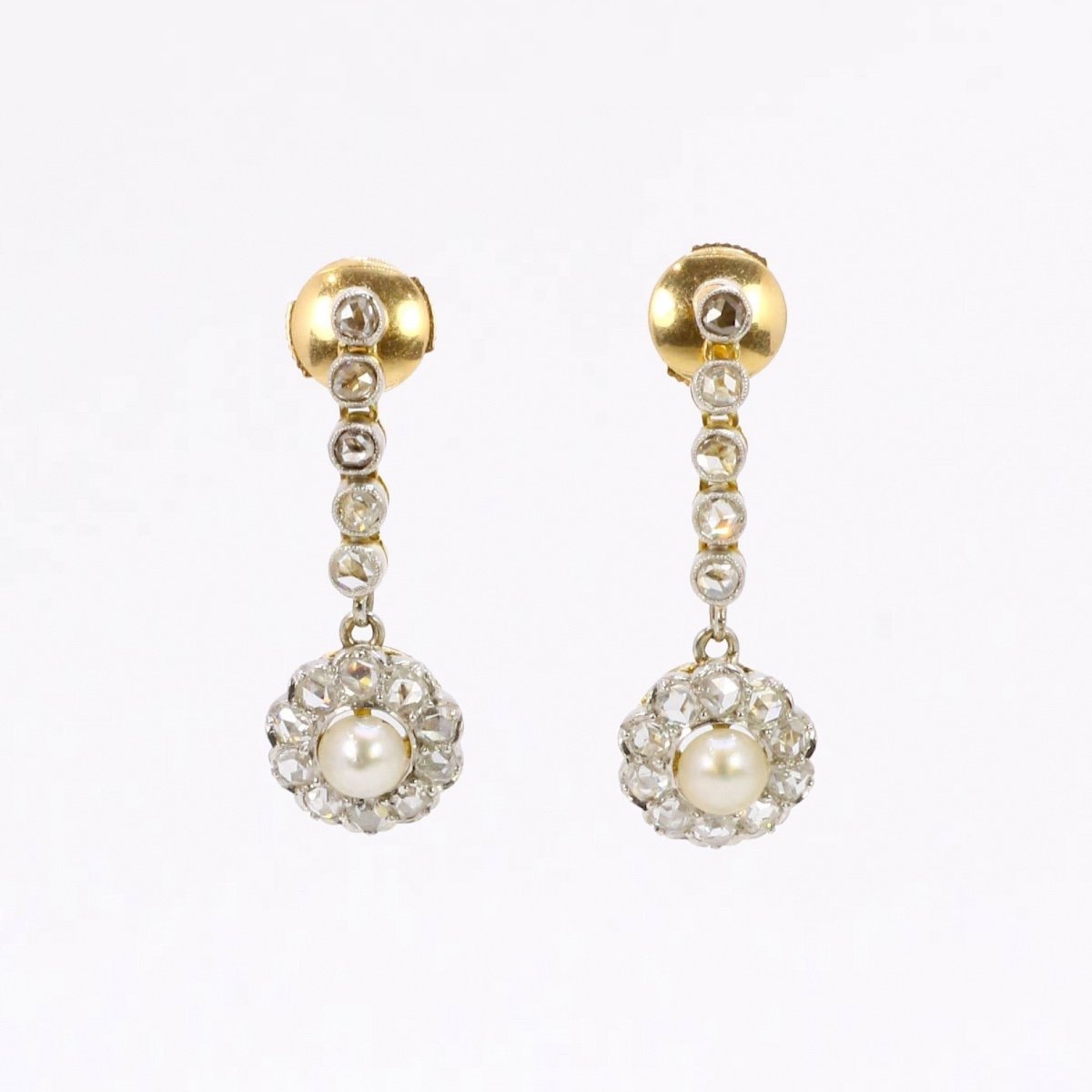 Boucles d'Oreilles Pendantes Belle Epoque Diamants Perles