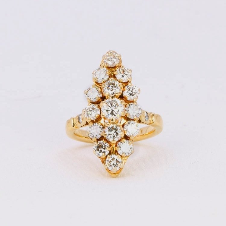 Vintage Marquise Ring Yellow Gold Diamonds 2.5 Ct