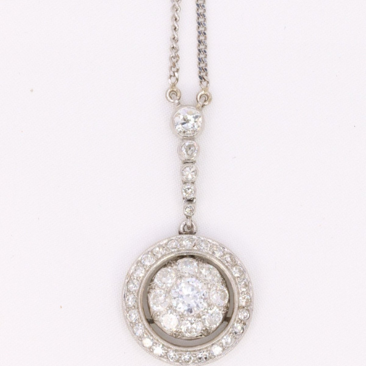 Collier Pendentif Marguerite Belle Epoque Or Blanc Diamants Taille Ancienne