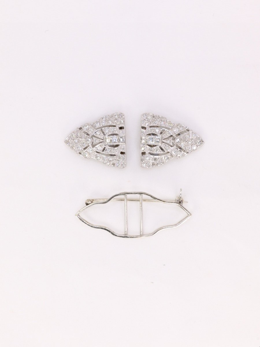 Broche Double-clip Art Déco Or Blanc Platine Diamants-photo-4