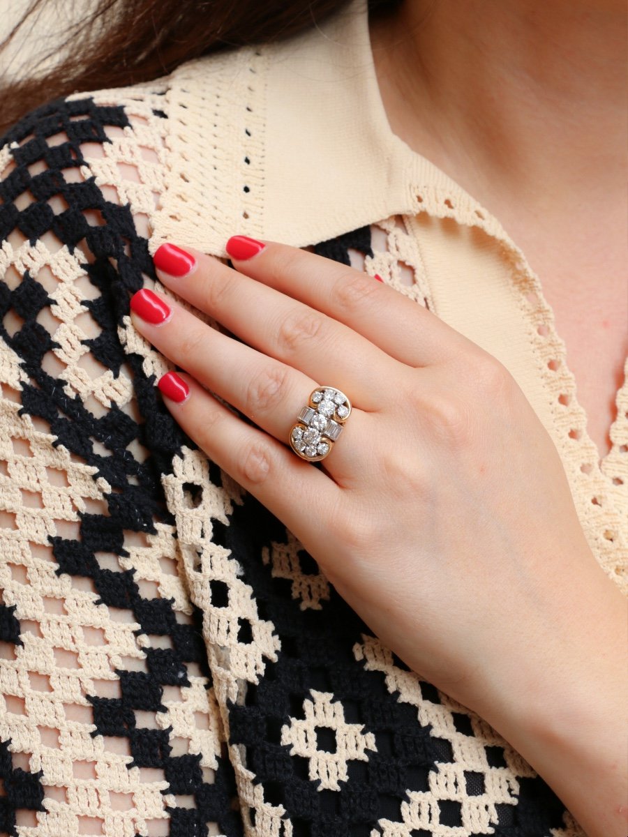 Bague 'tank' Or Jaune Diamants Ronds & Diamants Baguette-photo-2